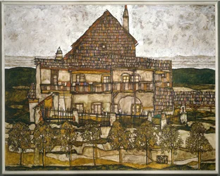 Maison avec toit de bardeaux (huile sur toile)