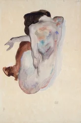 Nu accroupi avec chaussures et bas noirs, vue de dos. 1912