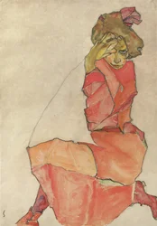 Femme agenouillée en robe rouge-orange, 1910