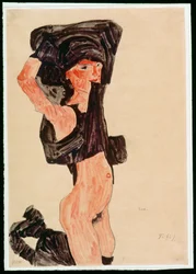 Fille agenouillée, se déshabillant (gouache, aquarelle et crayon)