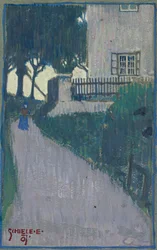Paysage avec maison, arbres et figure féminine