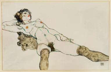 Nu féminin couché, jambes écartées ... (gouache et crayon)