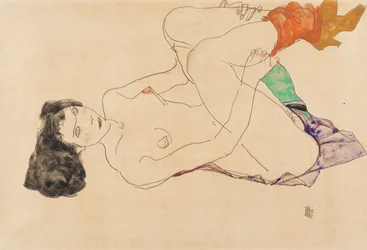 Femme nue allongée avec les jambes repliées