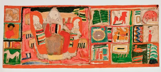 Mère avec enfants, dans les cases latérales des jouets ... (gouache et crayon sur carton)