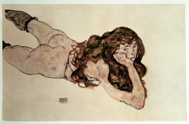 Femme nue au ventre plat. Dessin par Egon Schiele