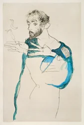 Le peintre Gustav Klimt dans sa blouse de peintre bleue (gouache et crayon)