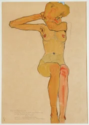 Nu féminin assis avec le bras droit levé (gouache, aquarelle et crayon noir)