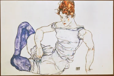 Femme assise en bas violet ... (gouache et crayon noir)