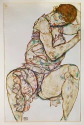 Femme assise, main gauche dans les cheveux (gouache et crayon)