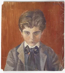 Autoportrait sur fond rouge