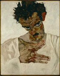 Autoportrait à la tête baissée- Egon Schiele, self-portrait with bent head (oil on wood)