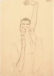 Autoportrait avec un bras levé et une bouche rouge