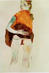 Fille debout à la jupe relevée (aquarelle et crayon)