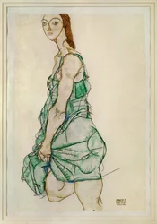 Femme debout en chemise verte (gouache, aquarelle et crayon)