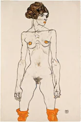 Jeune femme nue debout avec des bas orange