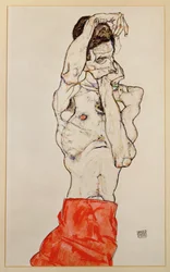 Nu masculin debout avec pagne rouge (gouache, aquarelle et crayon)