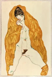 Nu debout, jambes écartées, drap de cape jaune-brun