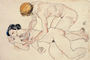 Deux nus féminins, allongés et agenouillés