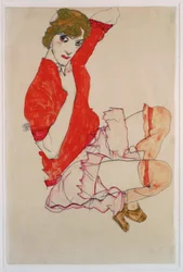 Wally in roter Bluse mit erhobenen Knien (gouache, aquarelle et crayon)