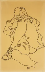Jeune homme allongé avec la tête reposant sur sa jambe croisée, 1918