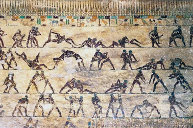 Scènes de combat, peinture murale, tombe de Kethi, nécropole de Beni Hasan, Égypte, civilisation égyptienne, Moyen Empire, Dynastie XII