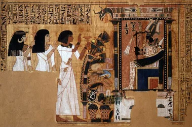 Livre des Morts du scribe Nebqed, détail du défunt devant Osiris, Nouvel Empire, c.1400 av. J.-C. (papyrus)