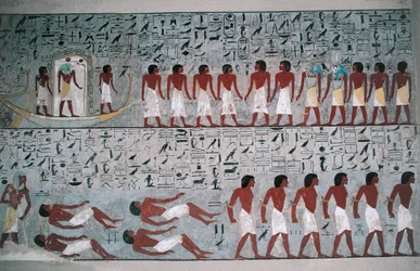 Égypte, Louxor, Vallée des Rois, Tombe de Horemheb, peinture murale