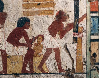 Égypte, Louxor, Thèbes Ouest, Vallée des Nobles. Tombe de Nenamon et Ipuki. Fresque représentant des charpentiers au travail. (Nouvel Empire, XVIIIe dynastie)
