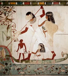 Antiquité égyptienne : « Scène de pêche ». Le noble Menna est représenté sur un bateau avec son épouse, harponnant un poisson. Fresque provenant de la tombe de Menna (TT69), dans la nécropole des nobles à Gournah. Sheikh Abd al-Gournah (el Gournah)