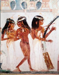 Antiquité égyptienne : musiciens. Tombe de Nakht. XVIIIe dynastie. 1410 av. J.-C. Nécropole de Gournah (Cheikh Abd al-Gournah), Égypte