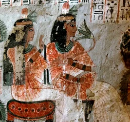 Antiquité égyptienne : représentation de Nebtawy (Nebtaoui), épouse du scribe Roy et sa sœur. Peinture provenant de la tombe de Roy (TT255). XVIIIe dynastie. De la rive ouest de Louxor, Égypte