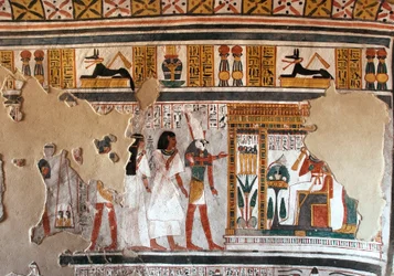 Antiquité égyptienne : Horus guide Roy et sa femme vers Osiris. Fragments de fresque de la tombe de Roy (TT255). 18e dynastie. De la rive ouest de Louxor, Égypte