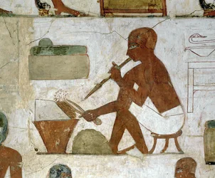 Orfèvres ciselant un bol (peinture murale)