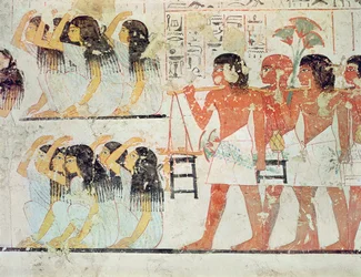 Groupe de pleureurs dans le cortège funèbre de Ramose, de la chapelle funéraire de Ramose, Nouvel Empire, vers 1360 av. J.-C. (peinture murale)