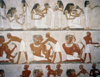 Hommes et femmes mettant des bijoux (détail)