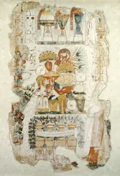 Nebamun recevant des offrandes de son fils, de la tombe de Nebamun, vers 1350 av. J.-C. (murale)