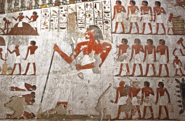 Peinture décorant la tombe de Rekhmire, représenté entouré de ses serviteurs (fresque)