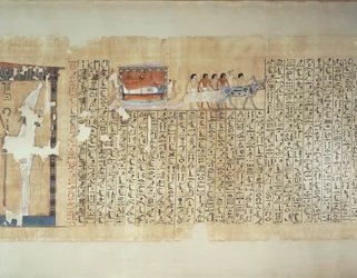 Papyrus représentant le transport du sarcophage sur un chariot tiré par des bœufs, du Livre des Morts de Maiherperi