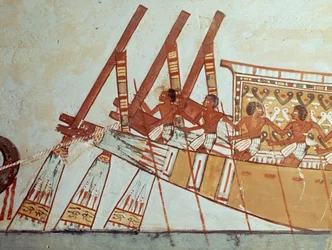 Pèlerinage des défunts à Abydos, fresque, Tombe de Menna, également connue sous le nom de Tombe TT69, datant du règne de Thoutmôsis IV, Sheikh Abd el-Qurna, Thèbes