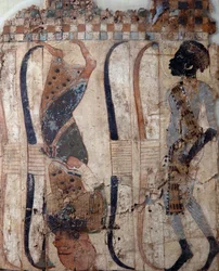 Prisonniers des pays conquis, peint sur matériau du tombeau de Toutankhamon, civilisation égyptienne, Nouvel Empire, XVIIIe dynastie, (détail)