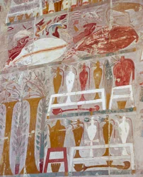Provisions et poteries offertes aux dieux par la reine Hatchepsout, relief peint, Chapelle d