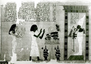 Le défunt accompagné de sa sœur vont rendre hommage à Osiris, détail du Livre des Morts, Nouvel Empire