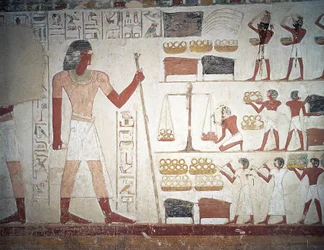 La pesée du cuivre, fresque, Tombe de Userhat, tuteur et scribe sous le règne d