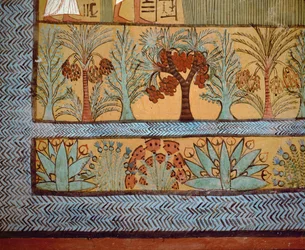 Arbres, cactus et plantes dans une peinture religieuse de la chambre funéraire voûtée de Sennedjem (No