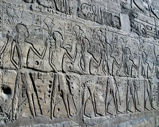 Personnages symbolisant les districts miniers apportant leurs tributs à dieu, relief, Cour de Ramsès II, Temple d