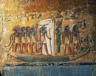 Égypte, Louxor, Thèbes antique, Vallée des Rois, Tombeau de Séthi Ier, fresques représentant le bateau solaire avec le dieu à tête de bélier