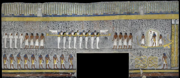 Égypte, Thèbes, Louxor, Vallée des Rois, Tombe de Ramsès I, peinture murale de Ra dans une barque solaire dans la chambre funéraire de la 19e dynastie