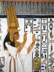 Égypte, Thèbes, Louxor, Vallée des Reines, Tombe de Néfertari, peinture murale de la reine récitant une formule mortuaire dans la chambre funéraire de la 19e dynastie