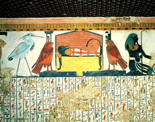 Momie sur un lit funéraire avec diverses divinités, de la tombe de Néfertari, Nouvel Empire (peinture murale)
