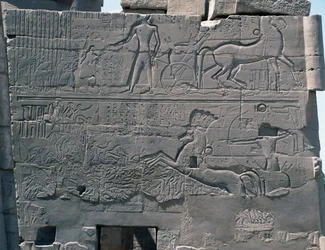Bataille de Séthi Ier contre la Palestine, relief, mur extérieur est de la Grande Salle Hypostyle, complexe du temple de Karnak (Liste du patrimoine mondial de l